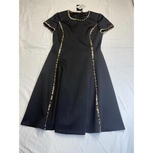 DKNY Fit & Flare Dress Sz 6 Black W/ Animal Print Trim Short Sleeves Mini